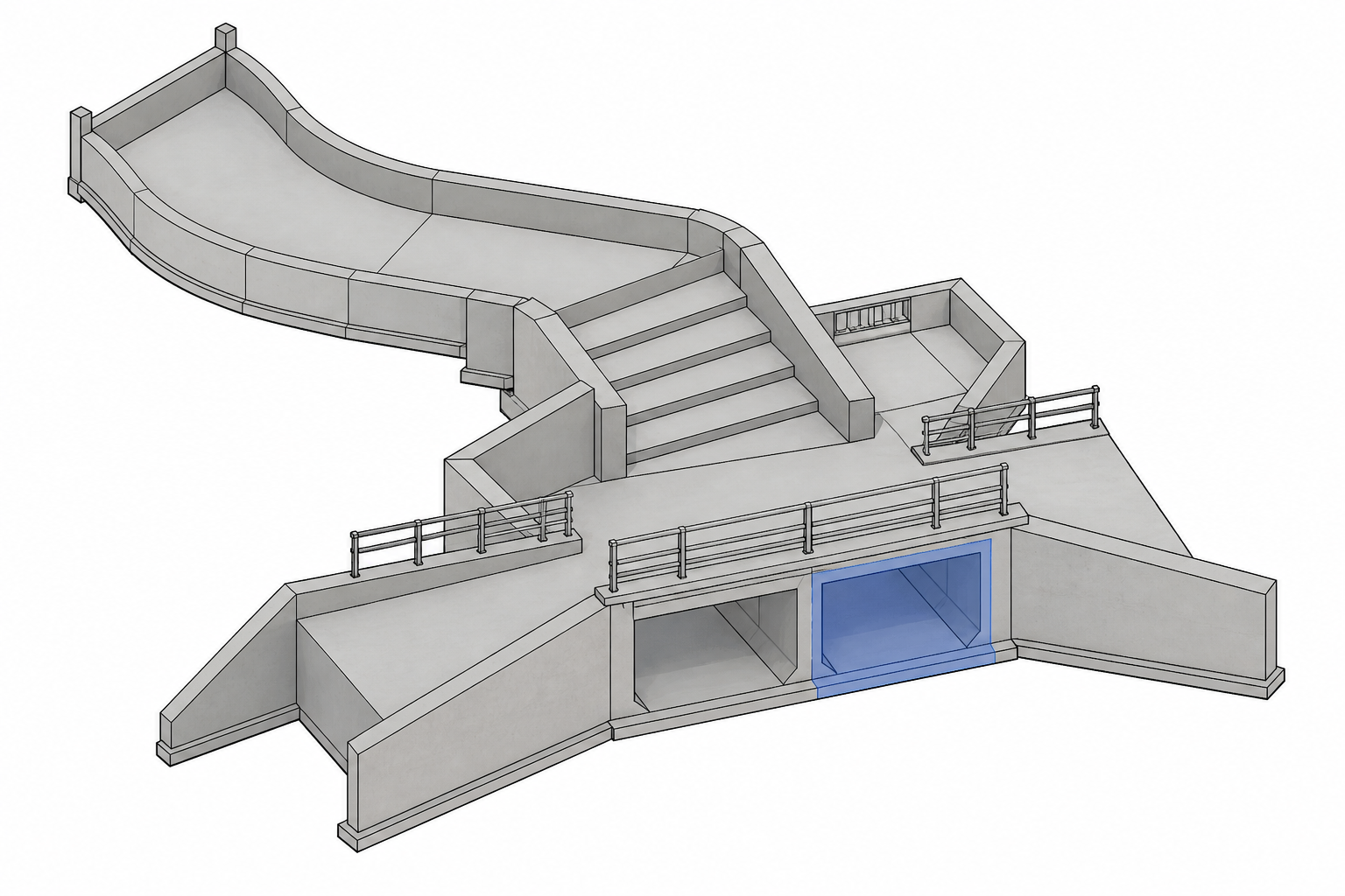 Illustrative Revit-style flood-mitigation model with curved channel and box culverts