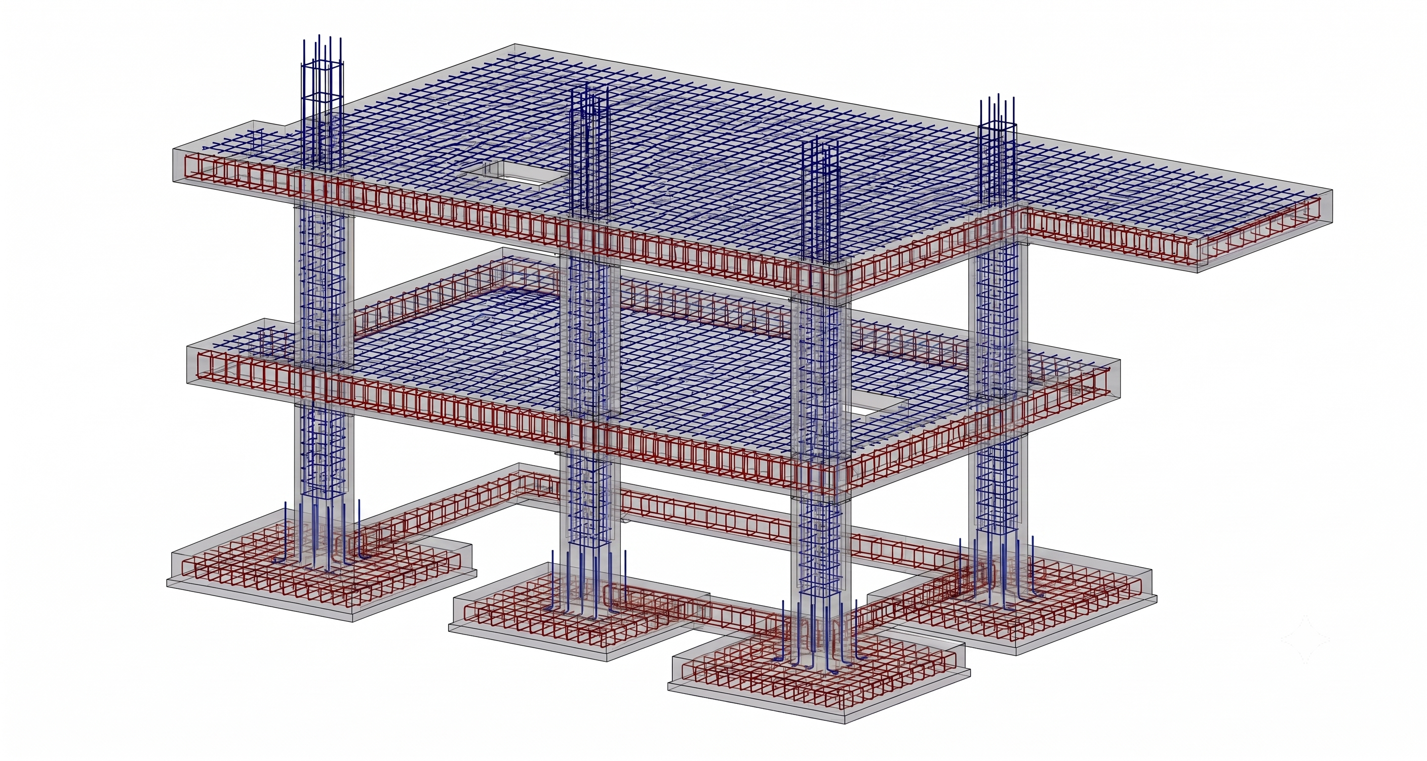 Illustrative 3D reinforced-concrete frame with modeled slab, beam, column and footing reinforcement