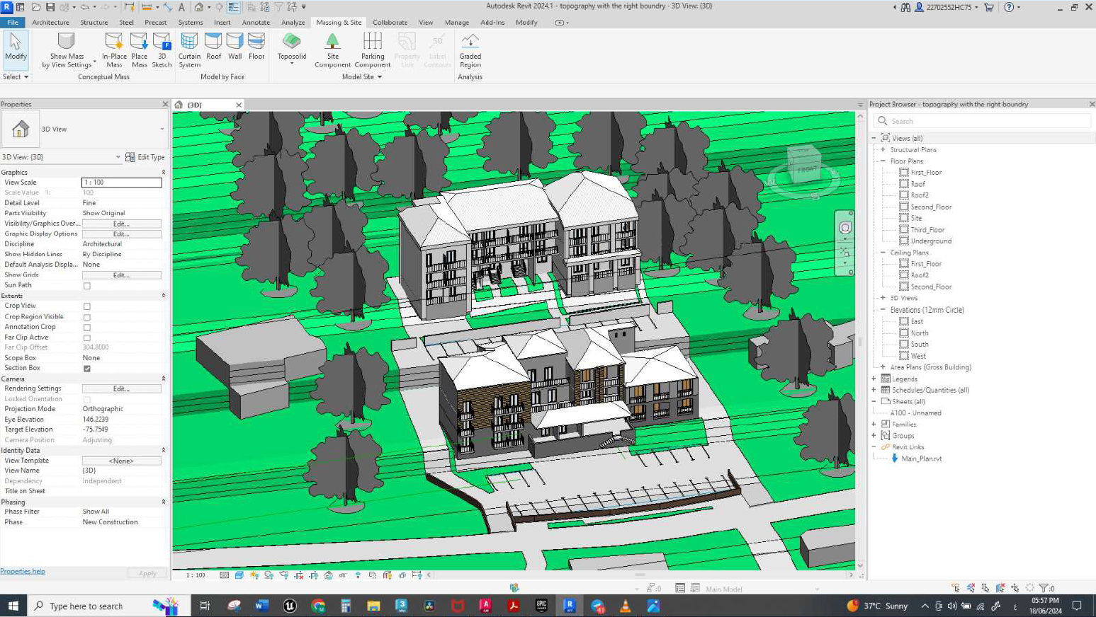 Revit model sample showing two residential buildings on a landscaped site